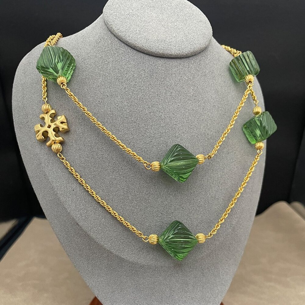 Tory Burch Roxanne Long Necklace Gold Tone Green Resin Bead Statement Necklace